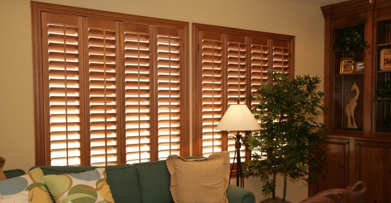 Wood shutters in Minneapolis living room.